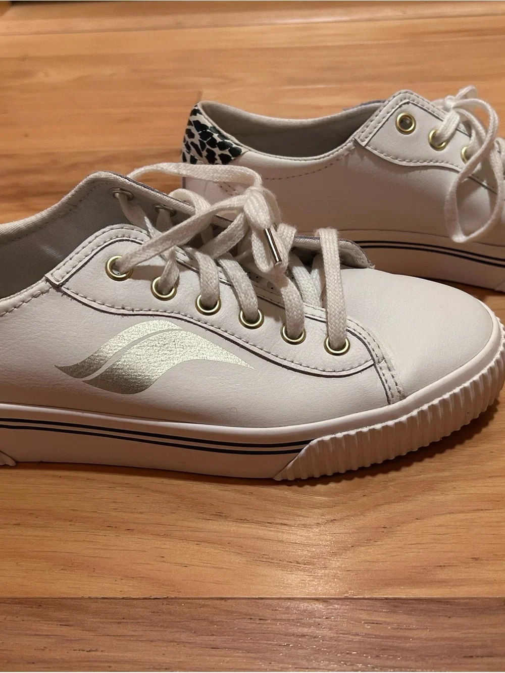 Keds White Sneakers with Gold Accents and Leopard Insole